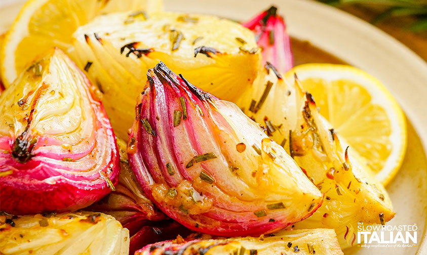 rosemary and garlic roasted onions closeup - perfect side dish for chicken