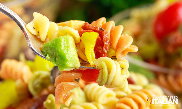 rotini pasta salad on fork