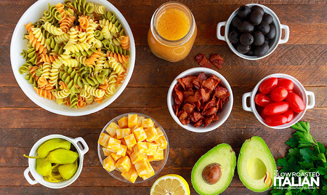 pasta salad rotini and other bowls of ingredients