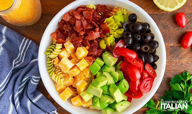 overhead: healthy chicken pasta salad ingredients