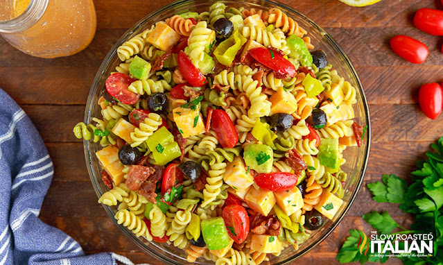 overhead: chicken bacon pasta salad in bowl