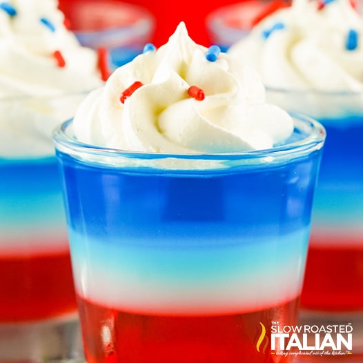 close up of red white and blue jello shot