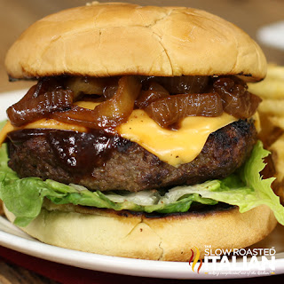 barbecue sauce and caramelized onions on gourmet burger