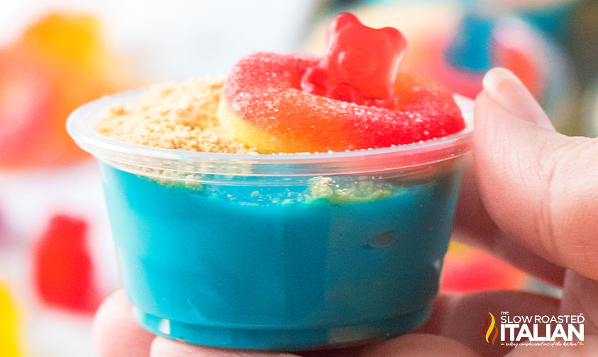 beach-themed rumchata pudding shot in jello shots cup