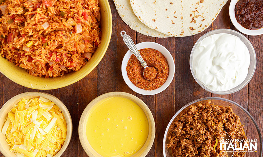 taco bell beef quesarito ingredients in separate bowls on counter