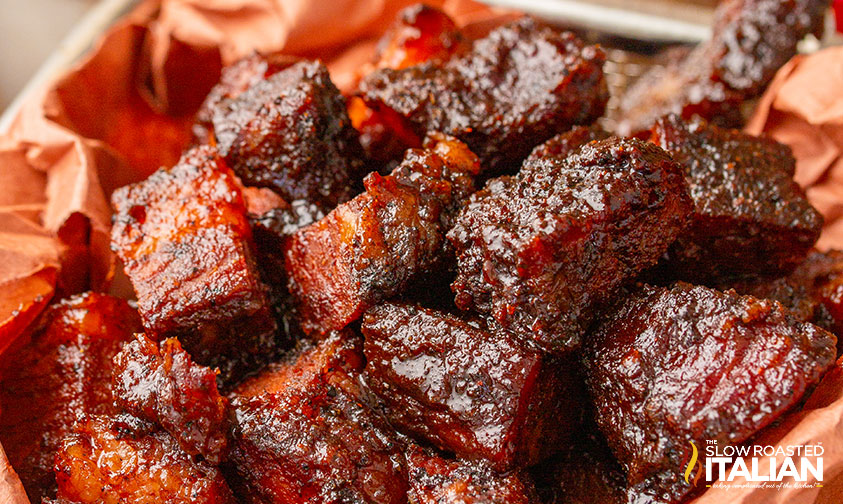 crispy chunks of brisket point smothered in bbq sauce