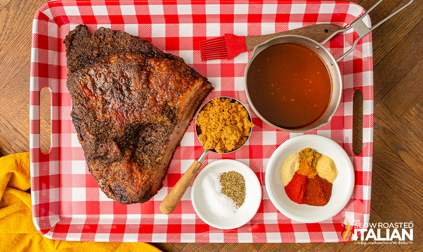 burnt ends recipe ingredients on gingham check serving tray