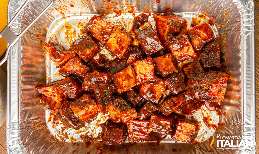 brisket burnt ends tossed with seasoning and bbq sauce