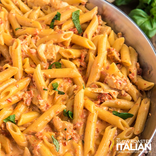 chicken penne pasta in a skillet