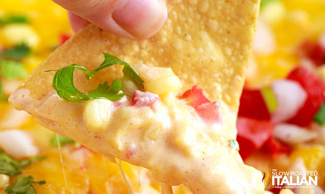 corn dip on chip close up