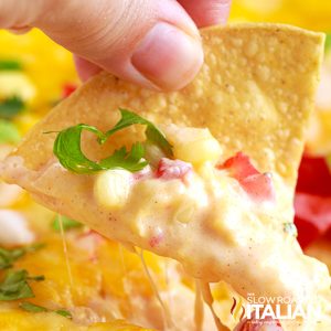 hot corn dip on tortilla chip