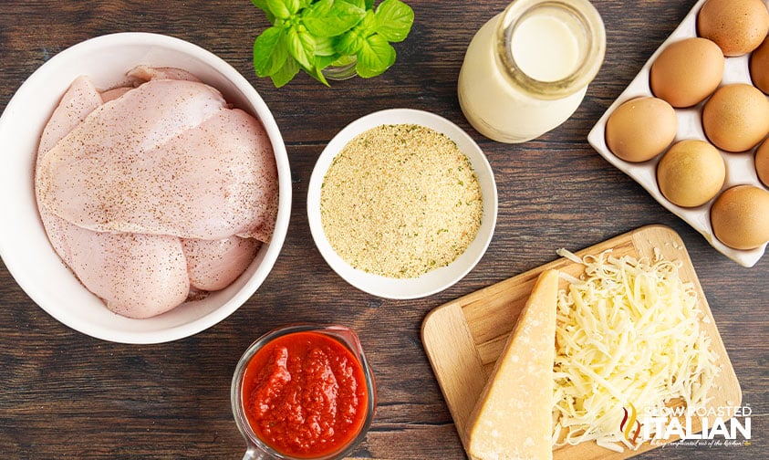 bowls of ingredients for easy chicken parmesan recipe