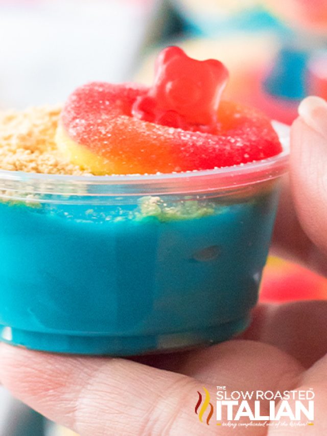 decorated rumchata pudding shots for pool party, close up