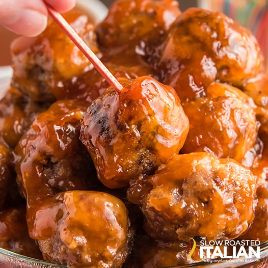 cocktail meatballs close up, toothpick in one of them