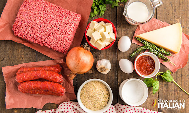 overhead: cheese stuffed meatball recipe ingredients