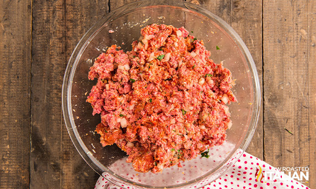 overhead: bowl of raw ground hamburger mixed with spices
