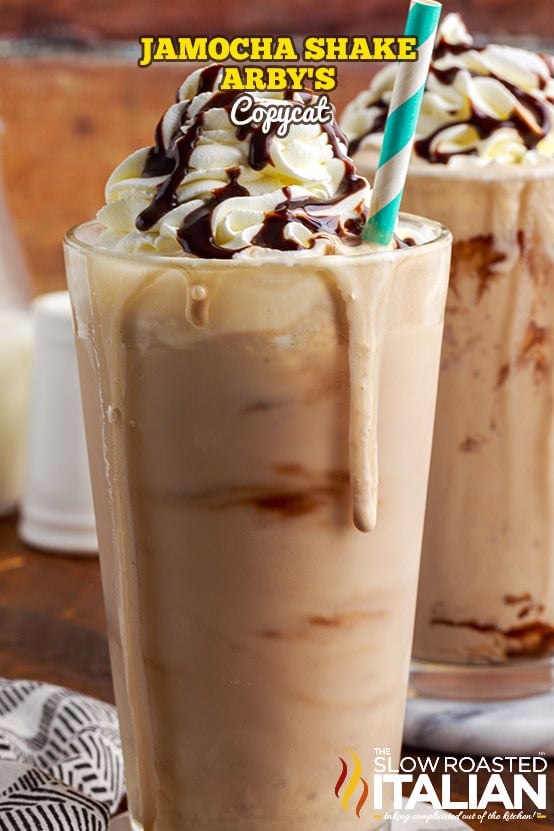 titled (shown in tall glass topped with whipped cream and chocolate sauce): jamocha shake