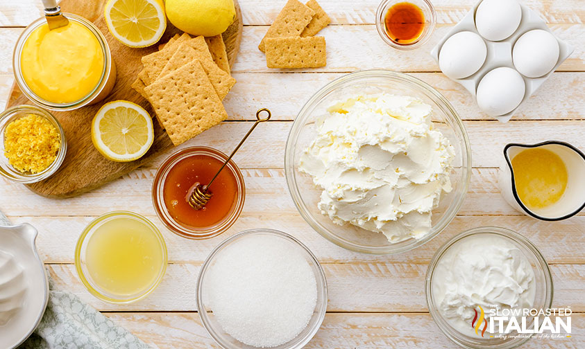 lemon cheesecake recipe ingredients in small bowls