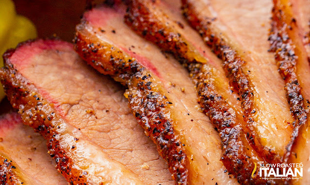 traeger smoked brisket slices, close up