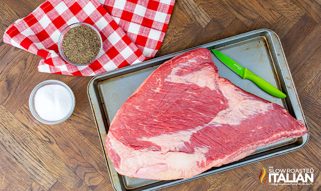 overhead: smoked beef brisket recipe ingredients on cutting board