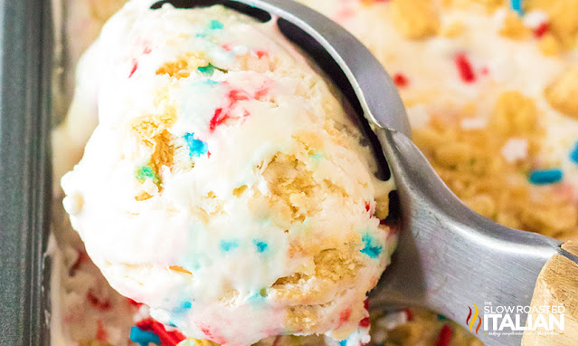close up: scoop of 4th of july red white and blue ice cream