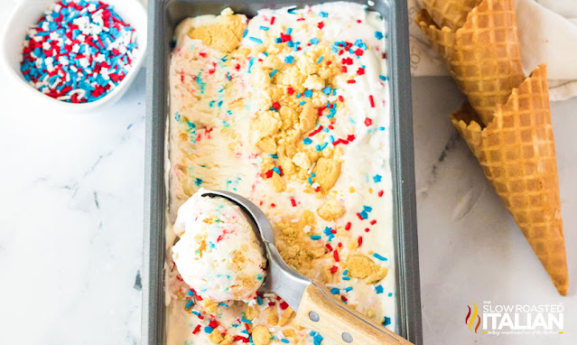 scooping 4th of july dessert into cones