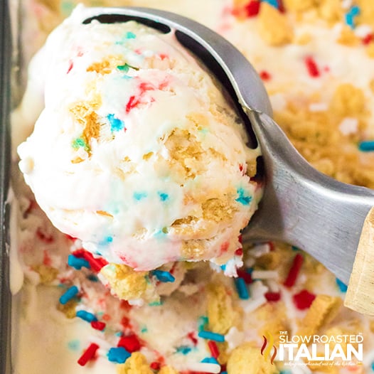 scoop of red white and blue ice cream close up