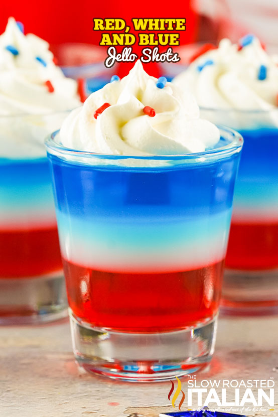 close up of red white and blue jello shot