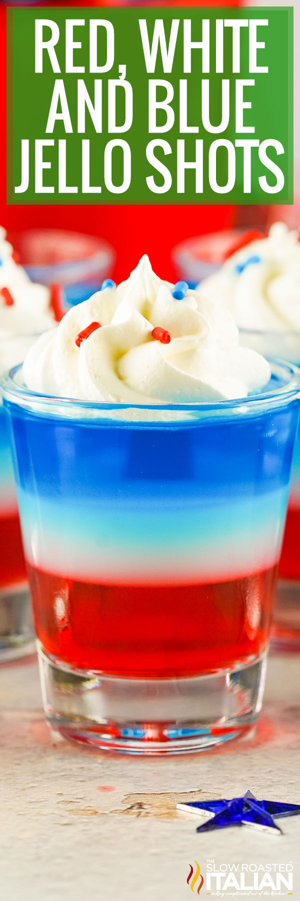 titled pinterest collage: red white and blue jello shot