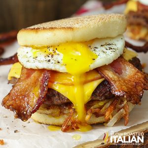 bacon breakfast burger with runny egg