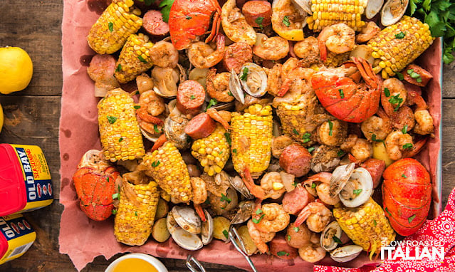 overhead: seafood boil recipe ingredients, cooked