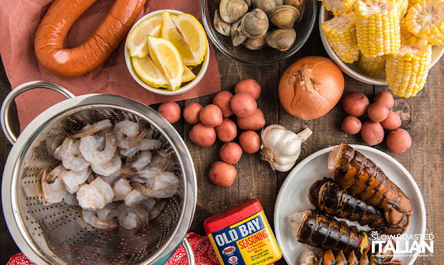 overhead: seafood boil recipe ingredients