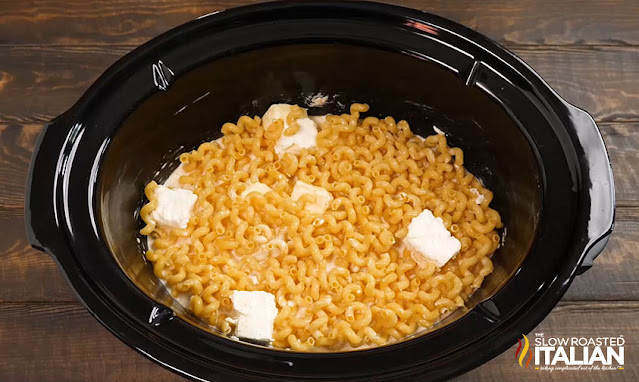 cellentani pasta and cubes of cream cheese in crockpot