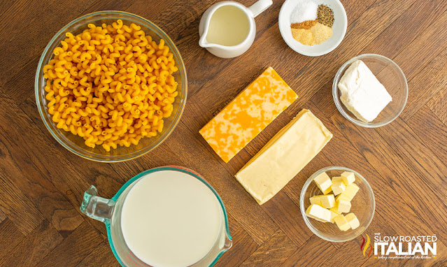 overhead: smoked macaroni and cheese ingredients in bowls