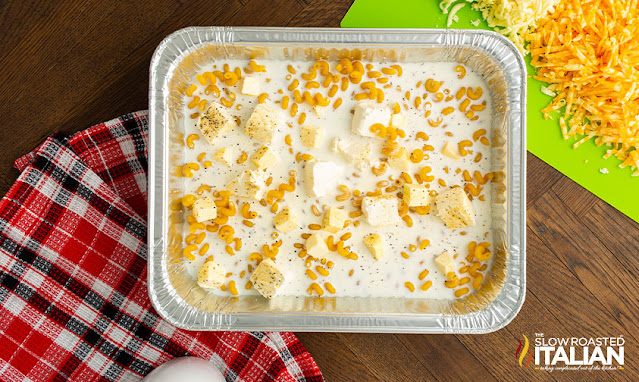 overhead: smoked macaroni and cheese in pan, before cooking