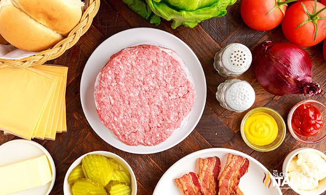 overhead: butter burger recipe ingredients on individual plates