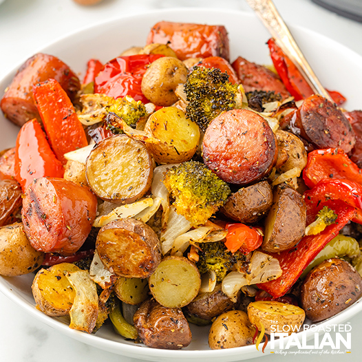 bowl of air fried vegetables with potatoes and sausage