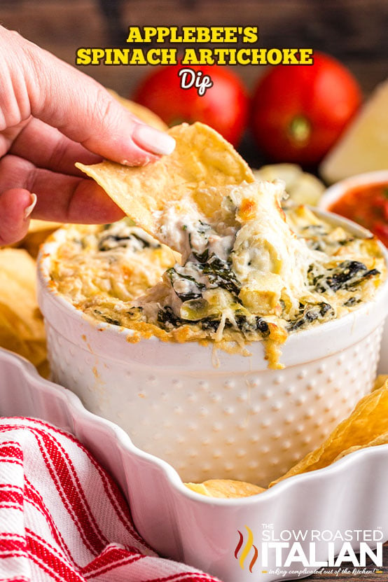 titled (shown in white bowl) applebee's spinach artichoke dip