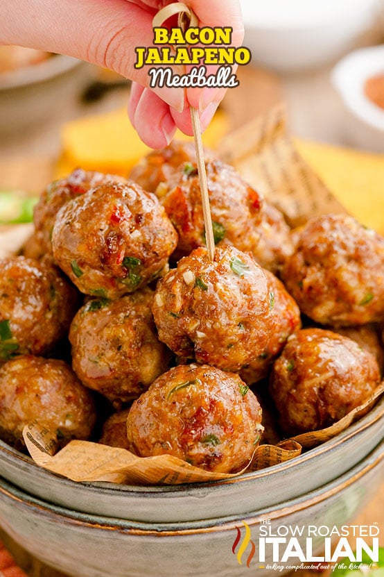 bowl of bacon jalapeno meatballs with toothpick in one