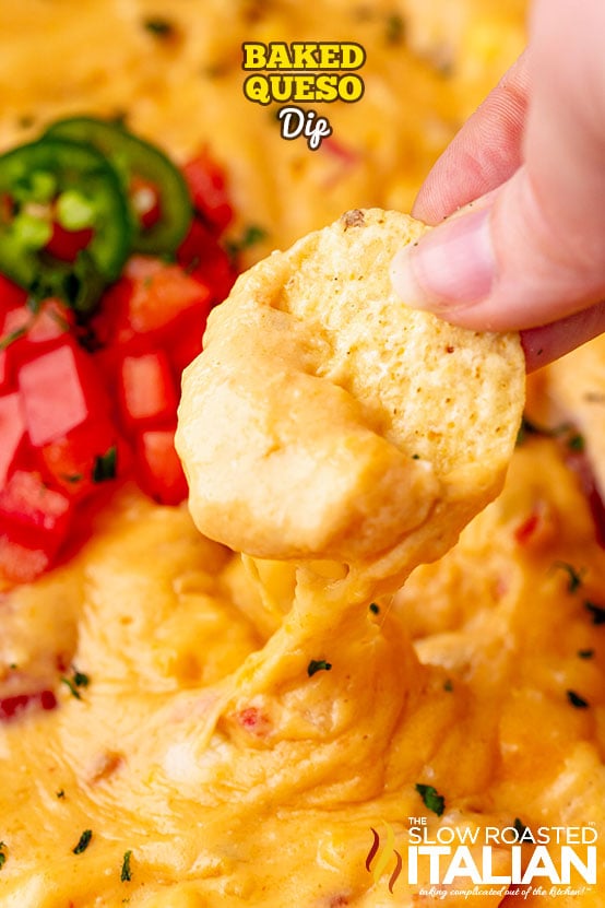 baked queso dip on a chip