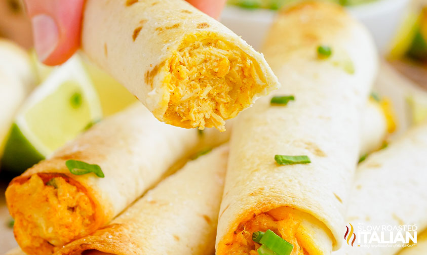 close up of chicken and cheese taquitos