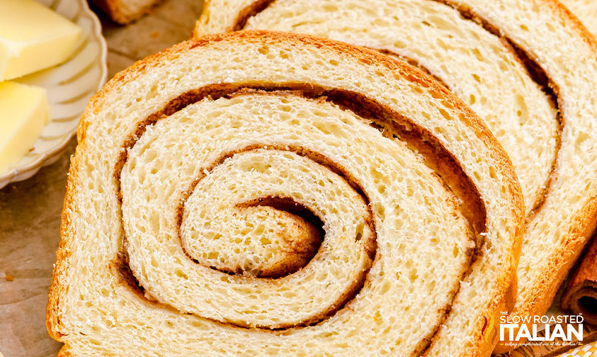 homemade cinnamon swirl bread, close up