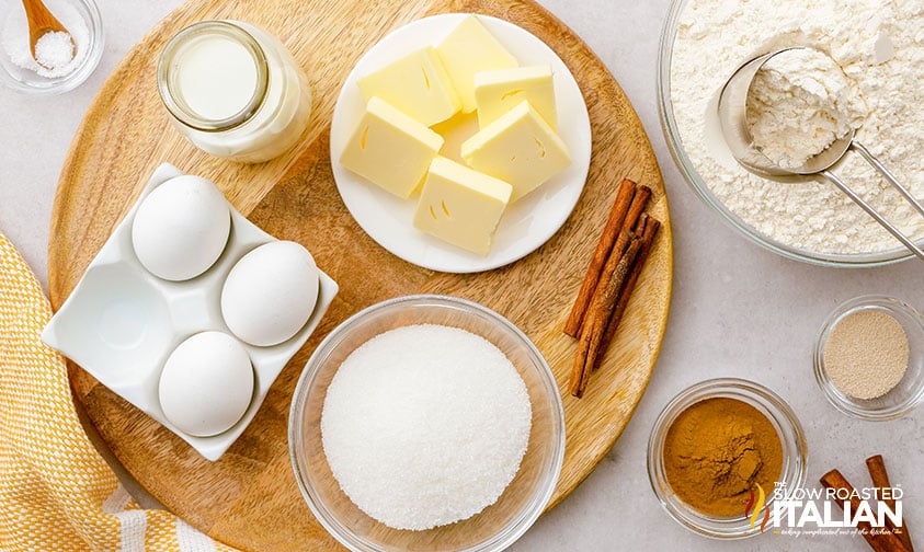 overhead: ingredients in bowls for cinnamon swirl bread recipe