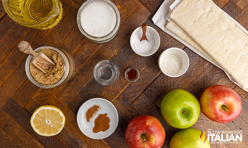 overhead: fried apple pie recipe ingredients in small bowls