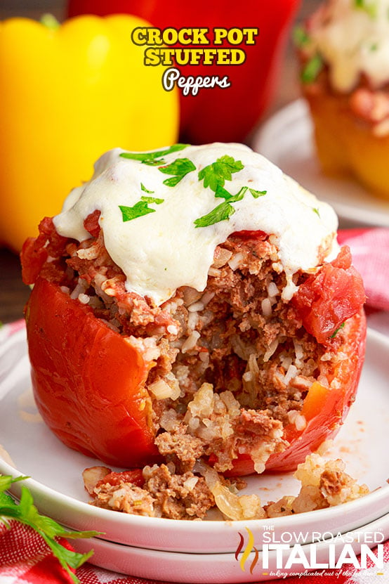 titled (shown on white plate) crock pot stuffed peppers