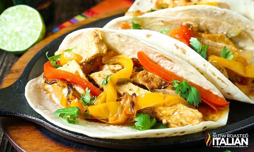 chicken fajitas on a skillet