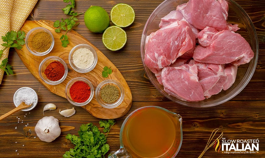easy carnitas recipe ingredients in bowls on counter