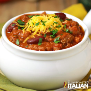 easy slow cooker chili in a white bowl