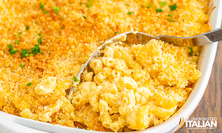 baked mac and cheese in casserole dish, close up