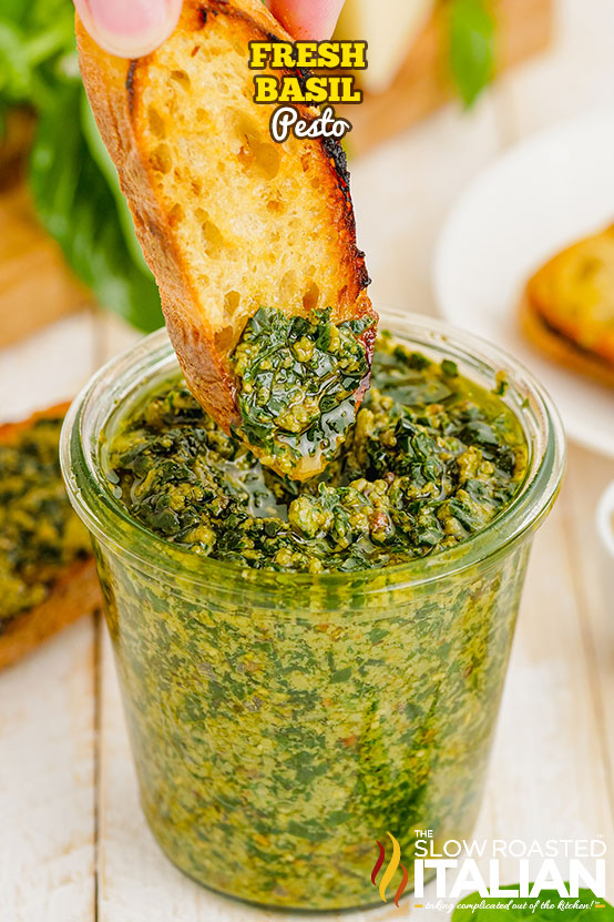 titled (shown in glass jar) fresh basil pesto genovese